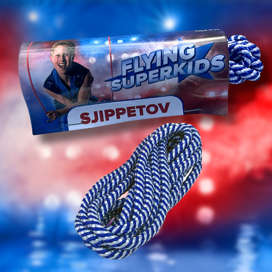 Blåt og hvidt sjippetov til børn, perfekt til aktive børn. Flying superkids sjippetov til både nybegyndere og øvede