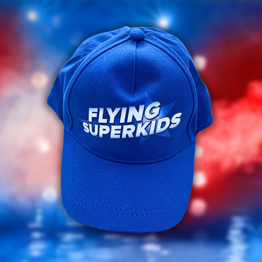 Blå Flying Superkids kasket, perfekt som kasket til børn. Med flying superkids logo