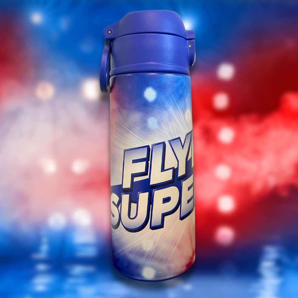 Flying Superkids termodrikkedunk til børn. med flying superkids velkendte logo samt blå og røde farve