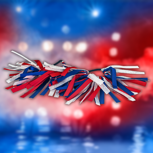 Flying Superkids hårpynt strimler. I vores velkendte blå, sølv og røde farve.