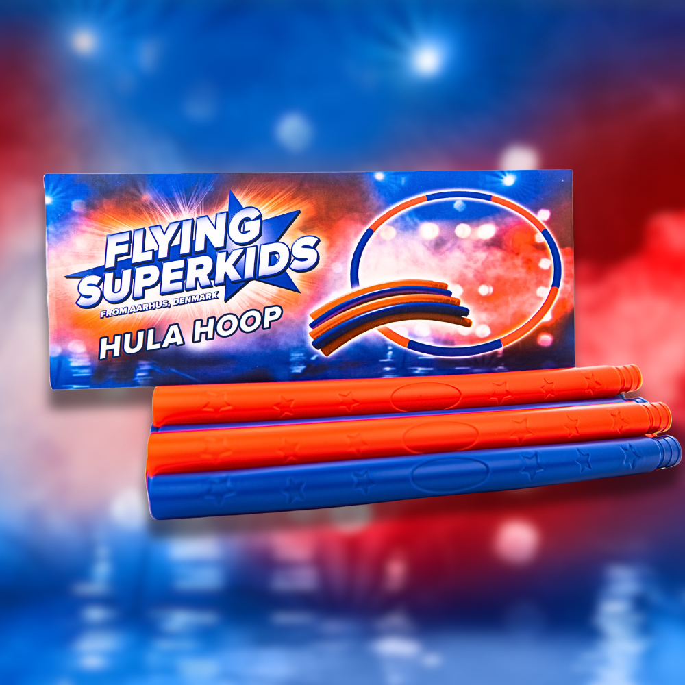 Flying Superkids hulahopringe til børn. i rød og blå. Hulahopringen kan skilles og samles